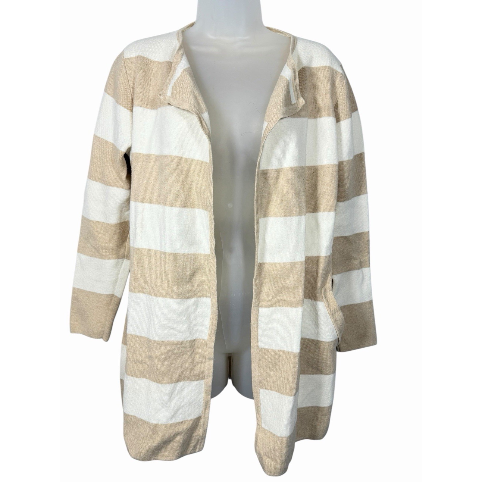 J.Crew Striped Vanessa Cardigan Neutral Beige Cream Cotton Mp Petite Open Front